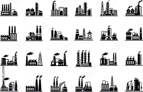 Industrial factory icon set, black and white vector, refinery, power plant, oil rig, manufacturing, silhouette, energy, infrastructure, industry, pollution