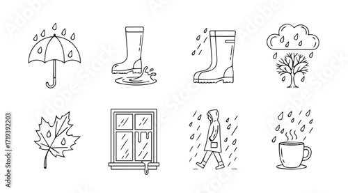 Collection of rainy day icons featuring an umbrella boots a tree and a window silhouette