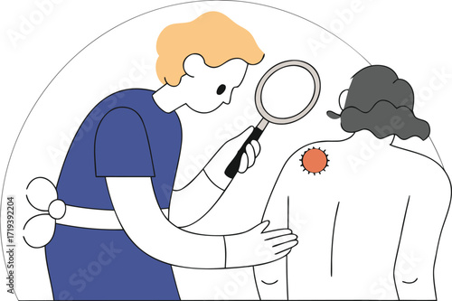 Doctor examining a patients skin with a magnifying glass