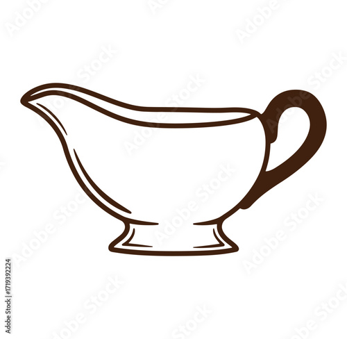 Line art illustration of a classic gravy boat in a minimalist brown design style