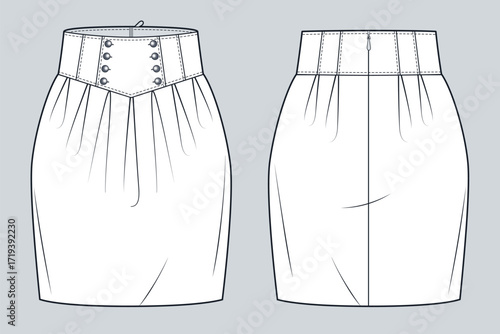 Women High Waisted Pegged Skirt with front buttons and pleats technical fashion illustration. Yoke Mini Skirt  fashion flat technical drawing template, front and back view, white, women CAD mockup.