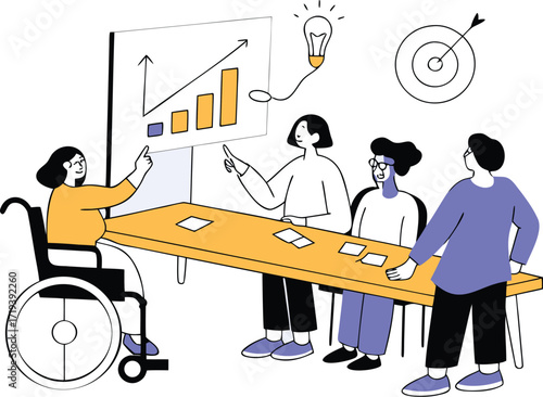 Team meeting with a person in a wheelchair presenting data