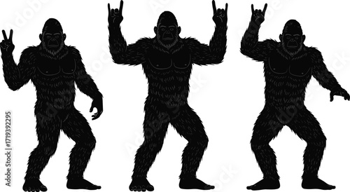 Gorilla silhouettes set, peace sign, rock on gesture, funny animal, primate art, cartoon style, humorous wildlife, expressive character illustration