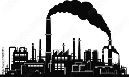 Industrial factory silhouette with smokestacks, air pollution, environmental impact, urban manufacturing zone, black smoke, climate crisis, vector illustration for eco awareness