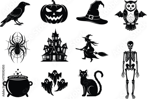 Halloween icons collection, spooky raven, jack o lantern, witch hat, haunted house, skeleton, ghost, black cat, cauldron, spider web