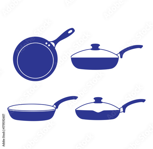 Minimalist vector illustration of diverse blue frying pans and cooking pot lids set
