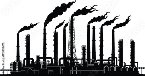 Industrial refinery silhouette, smokestacks emitting pollution, chemical plant vector, air pollution concept, environmental impact, factory skyline, toxic emissions, dark smoke illustration