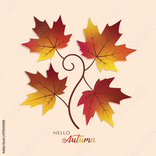 Autumn maple leaves on a swirling branch with hello autumn text. Perfect for Banner, Greeting Card, Poster etc.