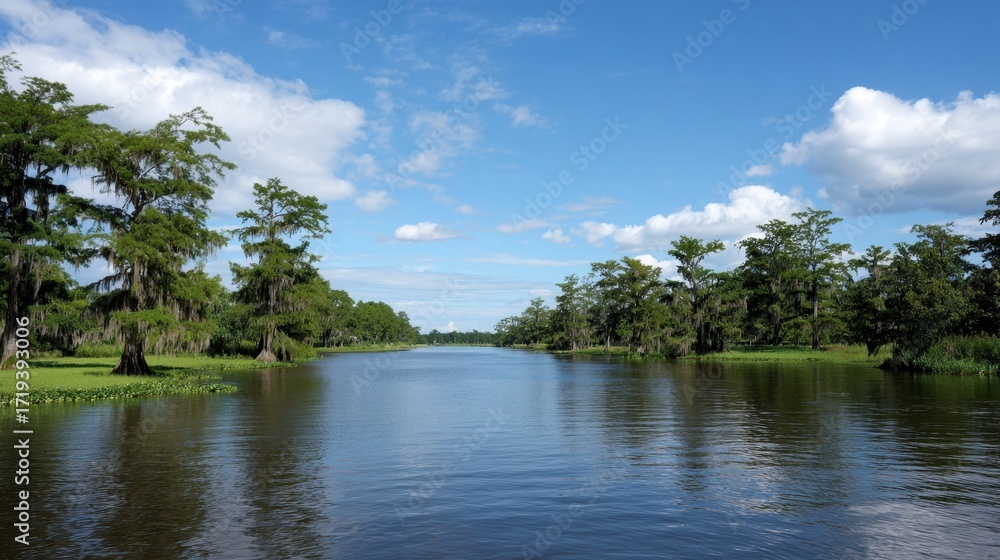 Fototapeta premium Scenic River and Sky: a serene river flows gracefully under a vast, blue sky dotted with fluffy clouds, with lush trees lining the banks creating a picturesque scene of untouched beauty.