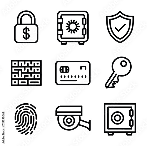 Security icons lock safe shield credit card key fingerprint camera