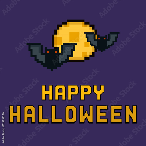 Pixel art Halloween greeting card with bats flying in front of a full moon. Retro 8 bit style design perfect for holiday invitations, digital decorations, posters and seasonal graphics.