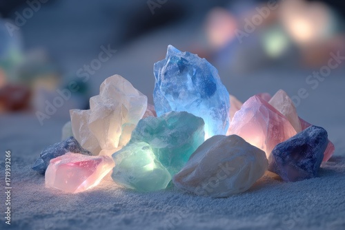 Illuminated crystals in pastel hues, nestled on a light surface