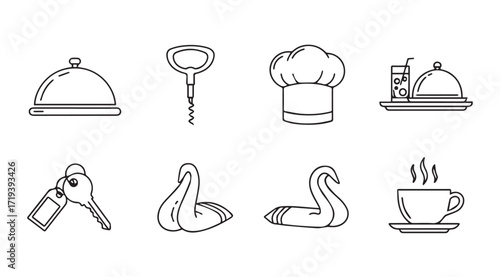 Collection of eight simple line art icons representing food service and hospitality silhouette