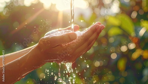 Close-up of hands cupping clean water in the sunlight, with droplets cascading down and green foliage in the background