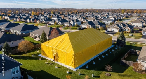 House covered with yellow fumigation tent