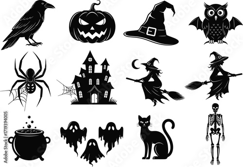 Halloween silhouettes collection, spooky raven, jack o lantern, witch hat, haunted house, flying witch, skeleton, ghost, cauldron, spider web, black cat