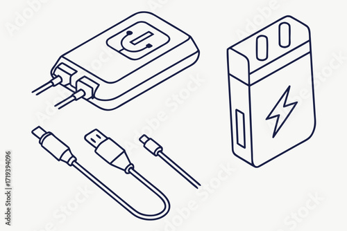 Tech Components Line Art Illustration: An isometric view of various tech components: charging devices and cables, illustrated in a sleek, minimalist line art style.