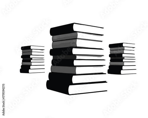 Tall stacks of books with white pages and dark covers against a white background