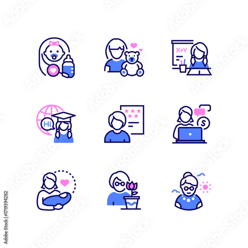 Life stages of a woman - line design style icons set