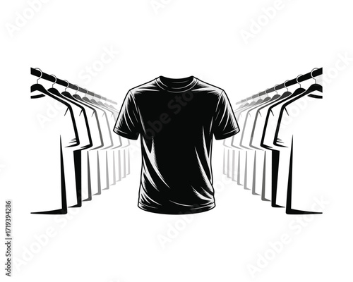 Minimalist black t shirt on a hanger in a repeating pattern of white shirts