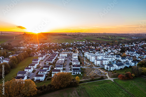 Aerial view of a climate-neutral residential area in Waiblingen, Germany at sunset