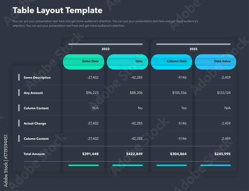 Table layout template with column year and a total amount row - dark version. Simple flat template for project data visualization.