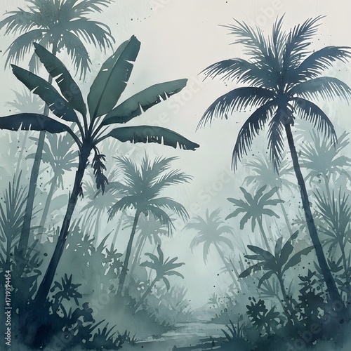 Misty Tropical Jungle Scene with Palm Trees and Banana Plants