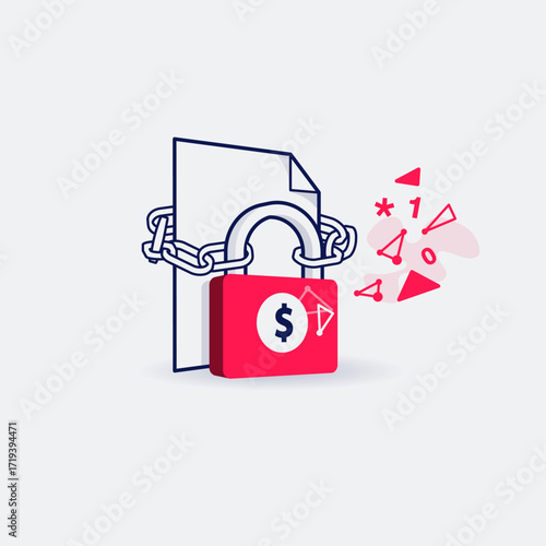 Ransomware attack symbol with a document file tied with a chain and locked with a red padlock. Flat design, easy to use for your website or presentation.