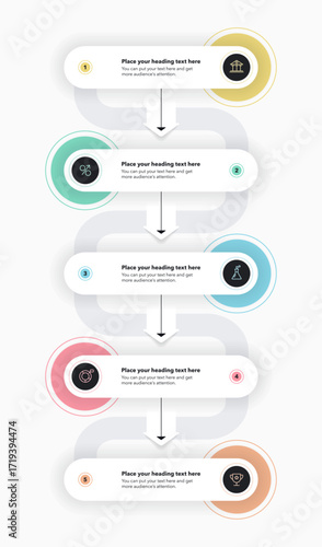 Vertical process infographic template with five options. Flat presentation diagram with numbers and icons for workflow layout, banner or web design.