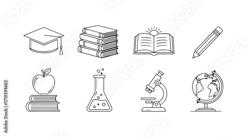 Collection of educational icons featuring a graduation cap stacked books open book pencil silhouette