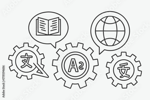 Language Gears: Illustrative graphic of interconnected gears symbolizes language learning and global communication, perfect for educational and technology-related projects.