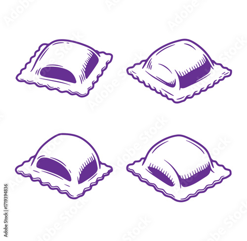 Stylized illustration of four purple colored ravioli dumplings isolated on white background