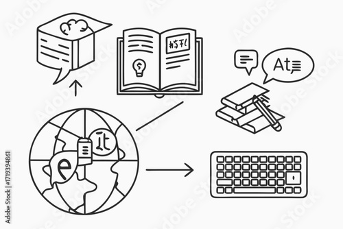 Concept of language Translation: Illustrative depiction of global translation, featuring globe, keyboard, books.