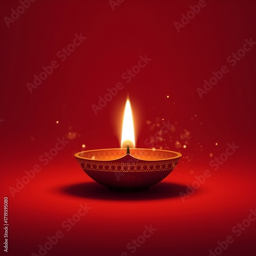 Glowing Diwali Diya on Red Festive Background