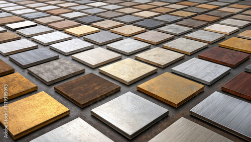  a collection of square metal plates in various colors and finishes, arranged in a grid pattern. The materials appear to include different types of metal such as aluminum, brass, and stainless steel, 