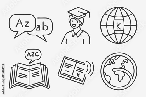 Language and Learning Icons: A clean set of education-related icons designed with precision, showcasing language, learning and knowledge