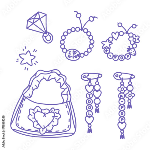 Purple K-Pop doodle includes fan jewelry of musical IDOL. Bracelets of beads in shape of flower, circle, heart, letters, chokers, pins, hairpins, rings, bag. Korea, fashion, youth, musical trends.