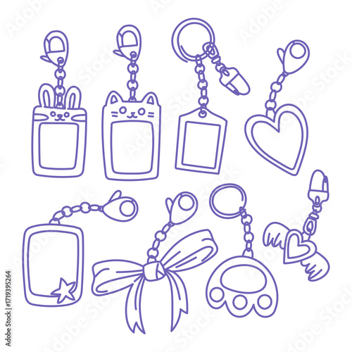 Purple K-Pop doodle includes IDOL fan keychains. Keychains with bows, hearts, animal shapes, photo frames, and photos to carry on keys, phones. Korea, fashion, and youthful cultural, musical trends