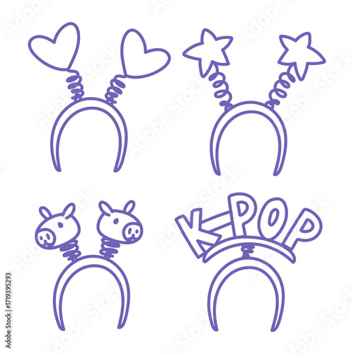 Purple K-Pop doodle includes fan headbands of musical IDOL. Headwear, hoops with spring elements. Stars, hearts, K-POP text, capybara. Musical IDOL. Korea, fashion, youth cultural, musical trends.