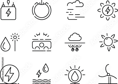 Set of icons representing renewable energy sources and weather elements