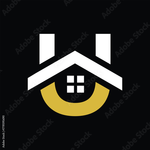The image shows a flat logo design of an initial letter U in combination with a house complete with roof and windows. It looks clean on a black background and can be used for housing related purposes.
