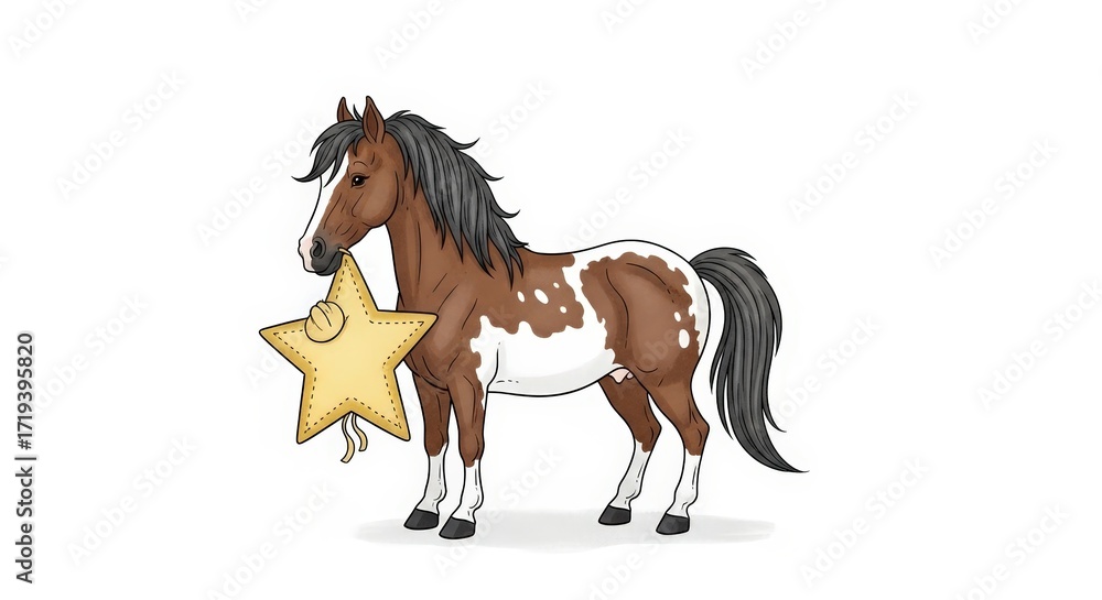 Obraz premium A brown and white pinto horse is holding a golden star with a ribbon in its mouth.