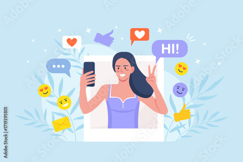 Social media influencer at work. Woman with phone taking picture of herself to be posted online. Social media marketing or network promotion, SMM for actively promote the blog on social networks