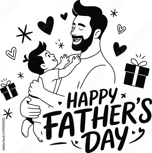 Happy father s day illustration with father holding his son and gifts