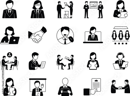 Collection of business people icons representing various professional activities