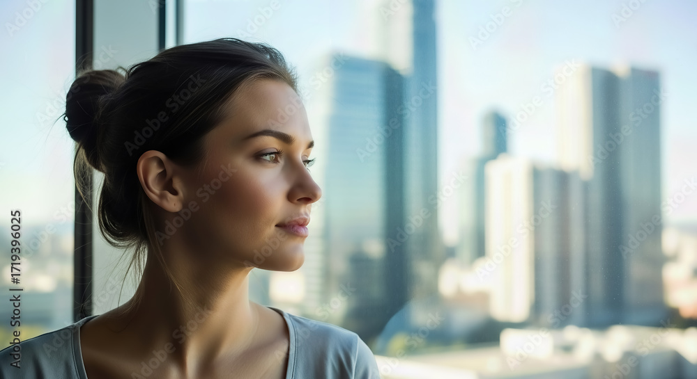 Fototapeta premium Woman looking out window cityscape view contemplating future career success in modern office building