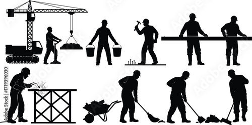 Silhouettes of construction workers welding, sweeping, lifting, using crane, hammering, and carrying materials on industrial building job site