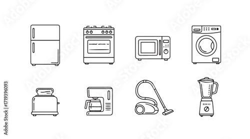 Collection of household kitchen and cleaning appliance silhouettes