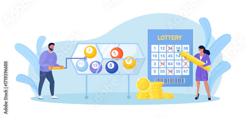 Lucky people playing in bingo or keno. Gambling players cross out numbers in lottery tickets, guess numbers. Man spinning raffle drum with numbered balls. Woman filling out lotto ticket
