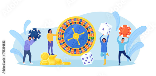 Casino and Gambling Concept. People Playing in Games of Fortune. Happy Man and Woman Winning Money in Casino Roulette. Characters Jumping with Poker Chips and Dice